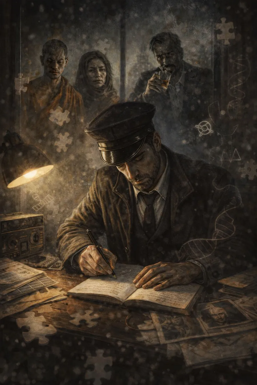 Ilustración de Jaimy, un hombre con gorra escribiendo en un cuaderno mientras otras figuras lo observan desde detrás