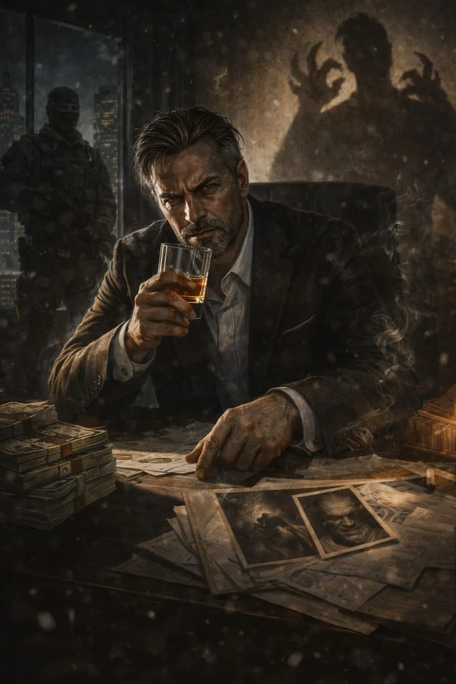 Ilustración de Olyeh, un hombre poderoso bebiendo whisky en su despacho